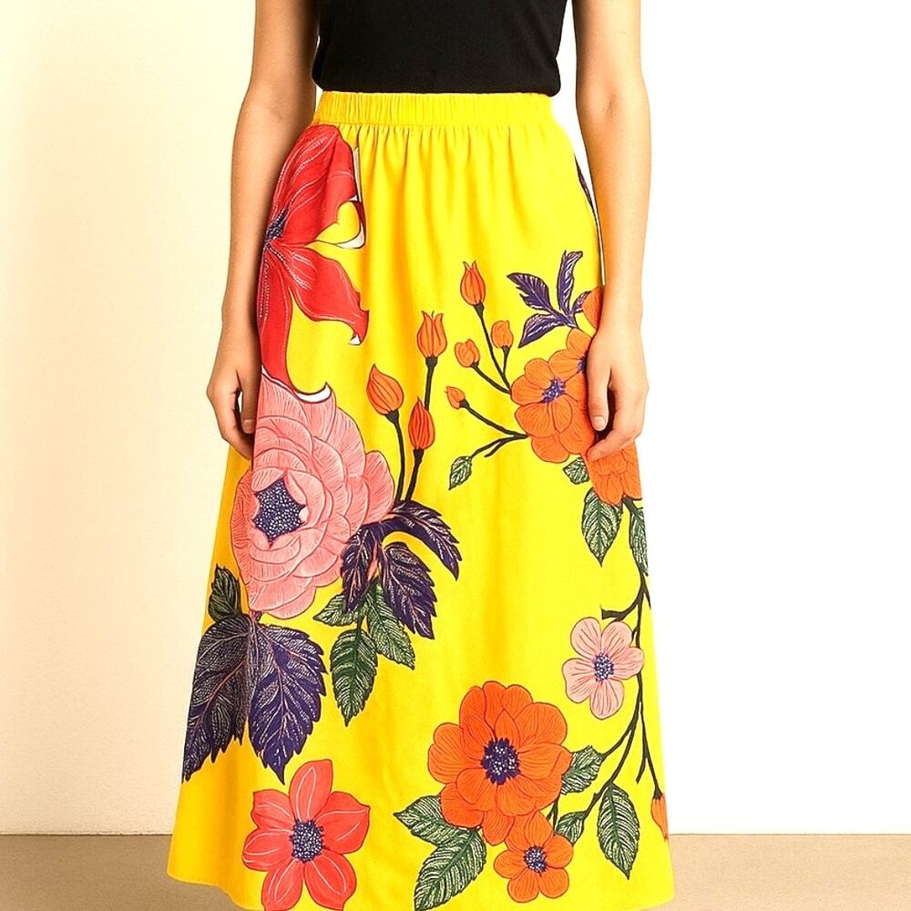 Yellow Floral Maxi Skirt Large Elastic Waist Boho Resort Vacation Cottagecore - Picture 3 of 7